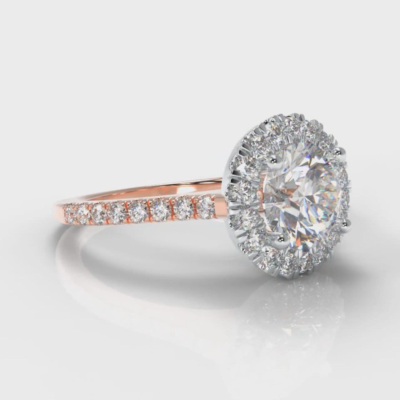 Petite Micropavé Round Brilliant Cut Diamond Halo Engagement Ring - Two Tone Rose Gold