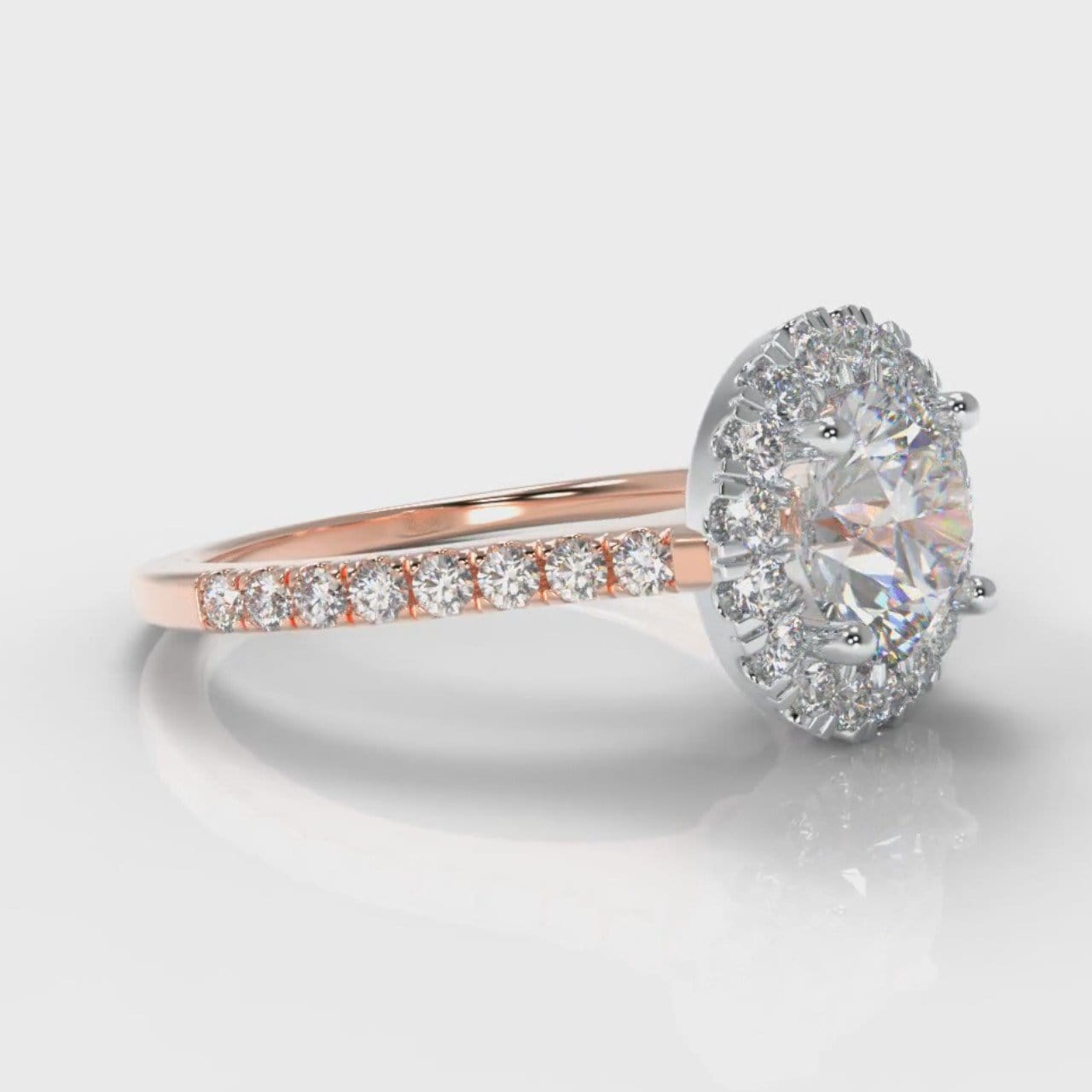 Petite Micropavé Round Brilliant Cut Diamond Halo Engagement Ring - Two Tone Rose Gold