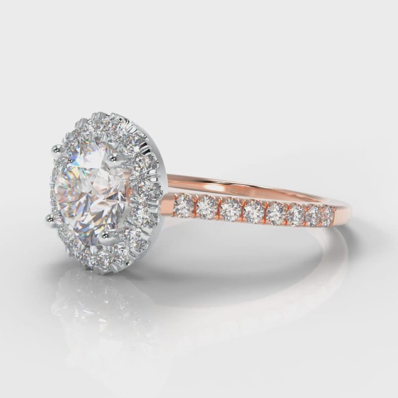 Petite Micropavé Round Brilliant Cut Diamond Halo Engagement Ring - Two Tone Rose Gold