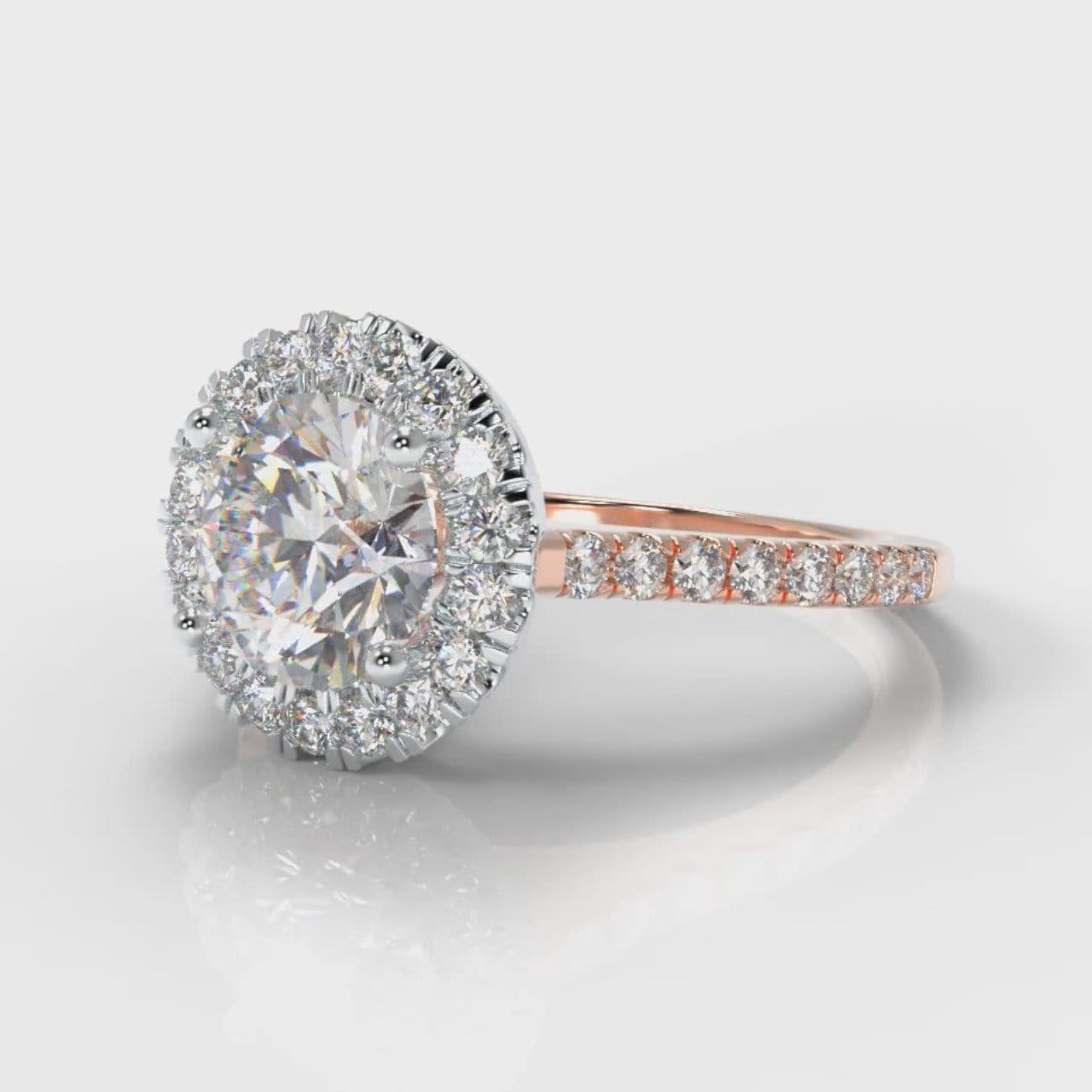 Petite Micropavé Round Brilliant Cut Diamond Halo Engagement Ring - Two Tone Rose Gold