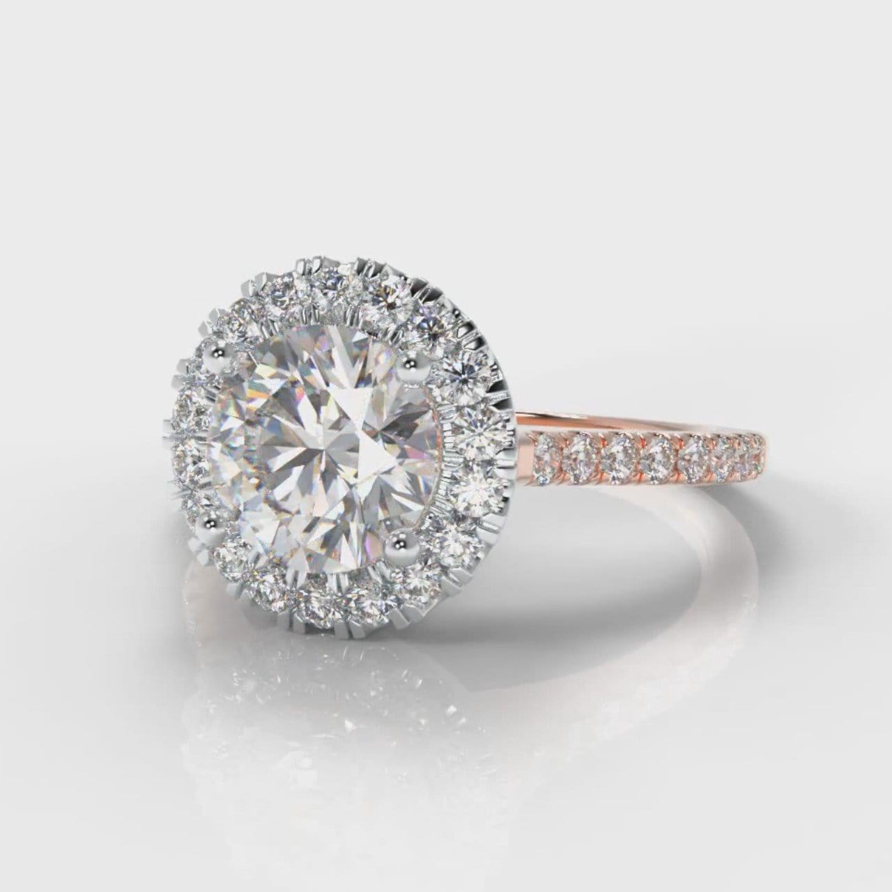 Petite Micropavé Round Brilliant Cut Diamond Halo Engagement Ring - Two Tone Rose Gold