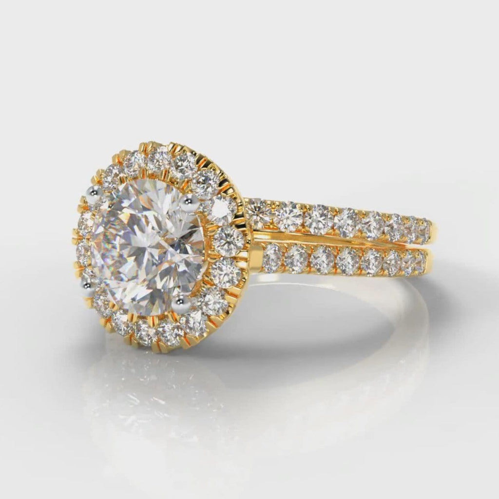 Petite Micropavé Round Brilliant Cut Diamond Halo Bridal Set - Yellow Gold