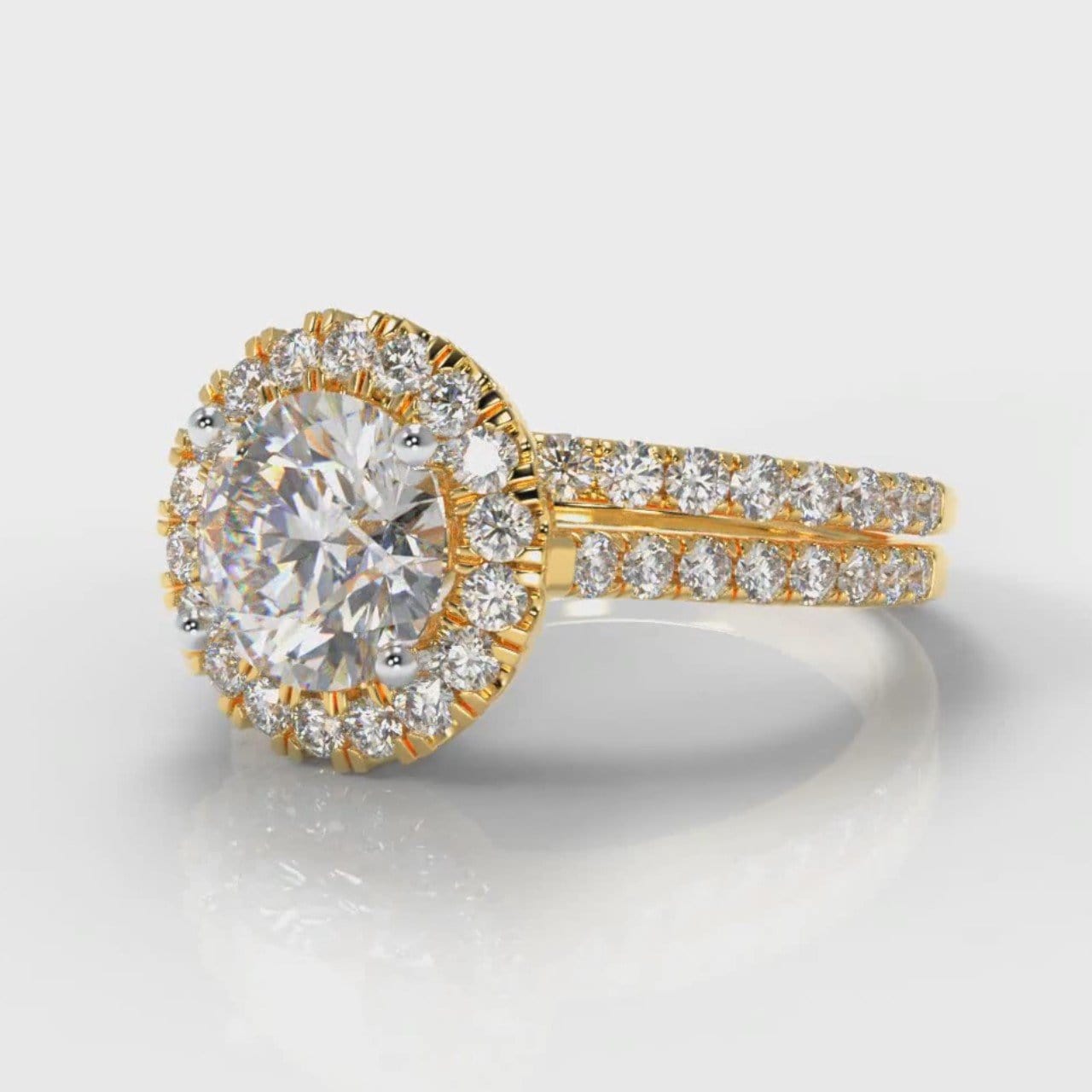 Petite Micropavé Round Brilliant Cut Diamond Halo Bridal Set - Yellow Gold
