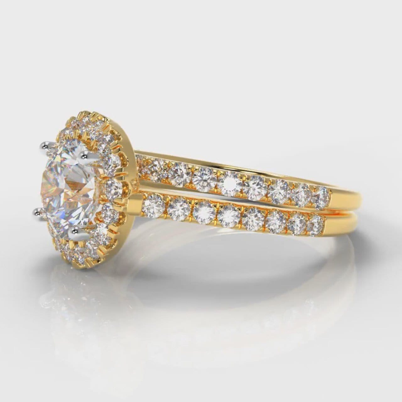 Petite Micropavé Round Brilliant Cut Diamond Halo Bridal Set - Yellow Gold