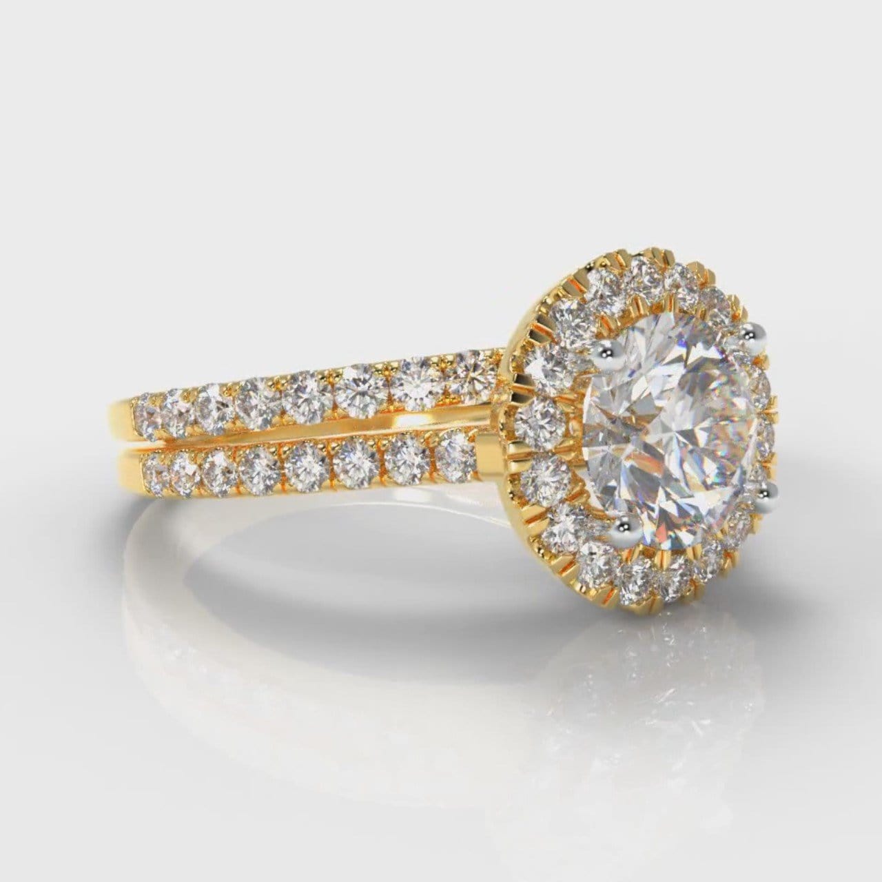 Petite Micropavé Round Brilliant Cut Diamond Halo Bridal Set - Yellow Gold