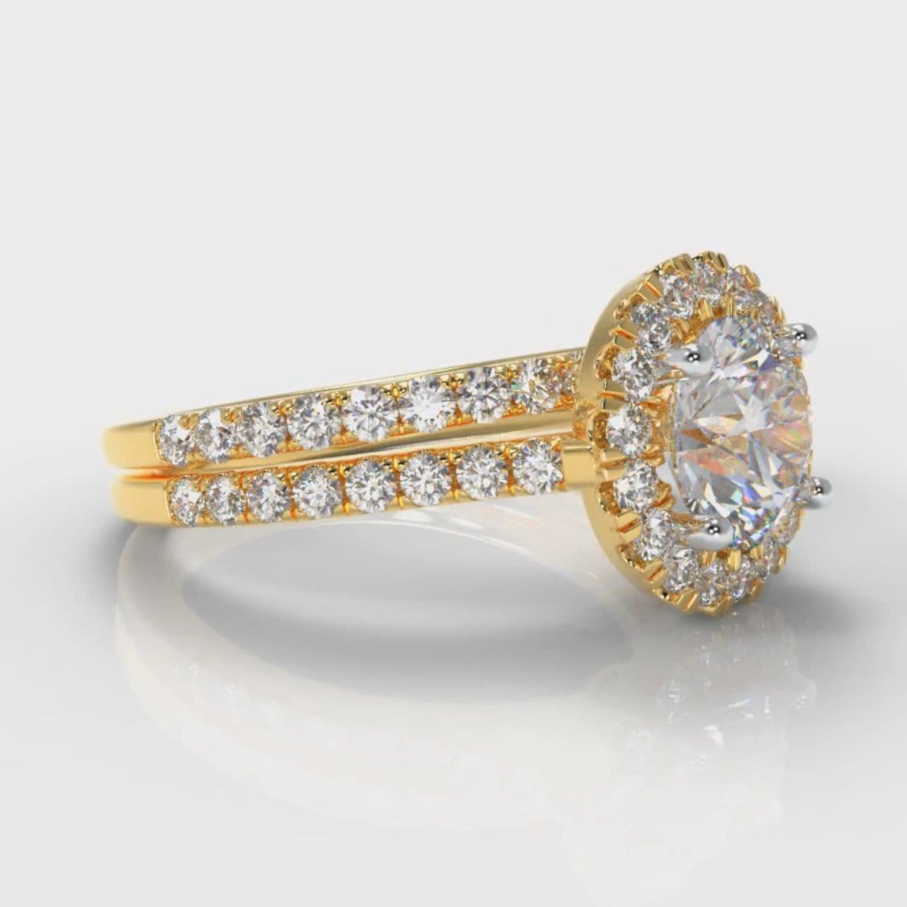 Petite Micropavé Round Brilliant Cut Diamond Halo Bridal Set - Yellow Gold