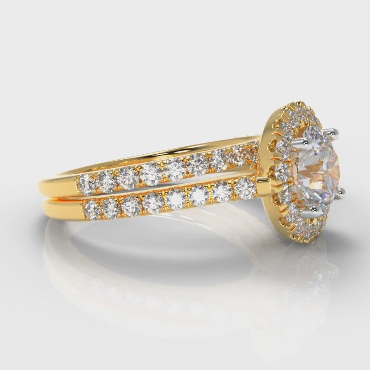 Petite Micropavé Round Brilliant Cut Diamond Halo Bridal Set - Yellow Gold
