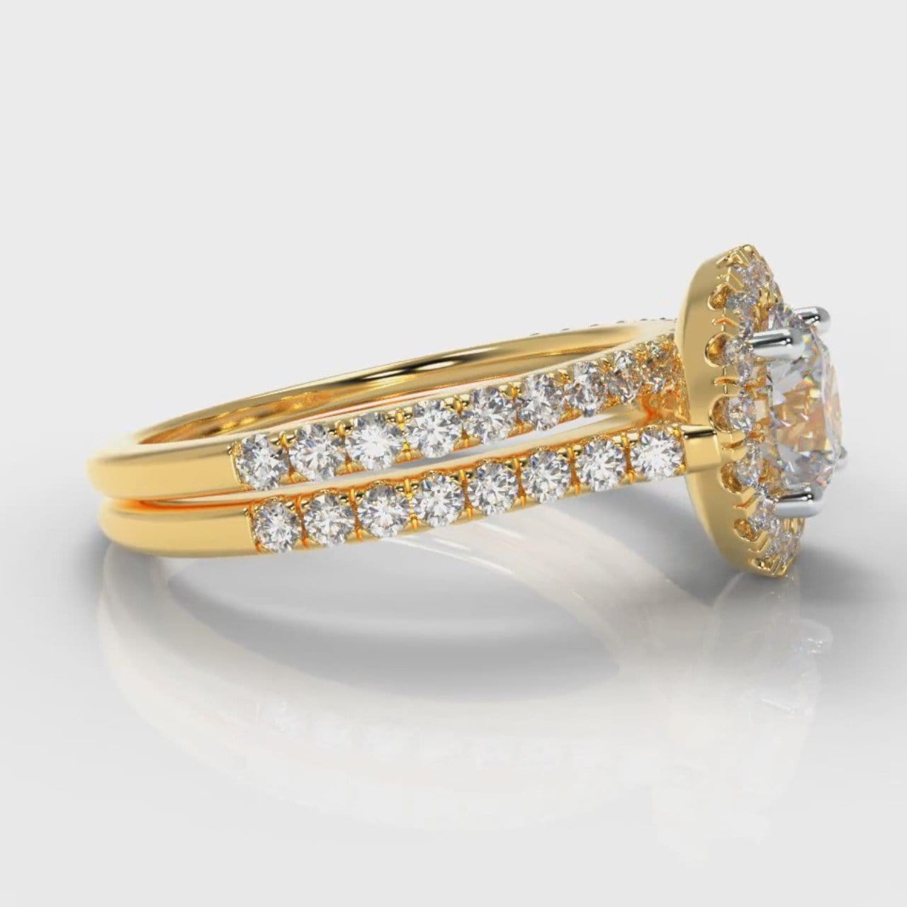 Petite Micropavé Round Brilliant Cut Diamond Halo Bridal Set - Yellow Gold