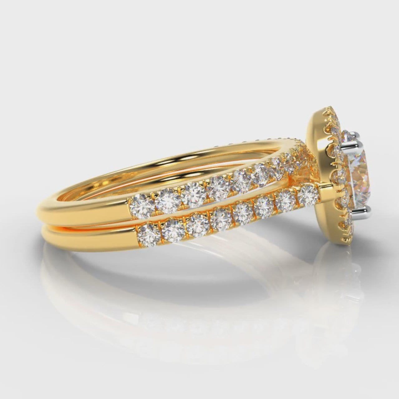 Petite Micropavé Round Brilliant Cut Diamond Halo Bridal Set - Yellow Gold