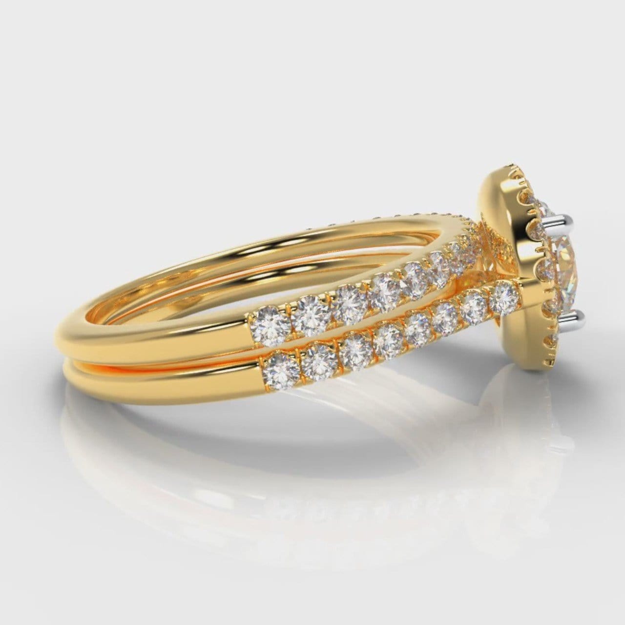 Petite Micropavé Round Brilliant Cut Diamond Halo Bridal Set - Yellow Gold