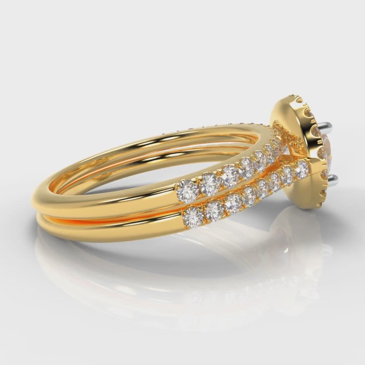 Petite Micropavé Round Brilliant Cut Diamond Halo Bridal Set - Yellow Gold