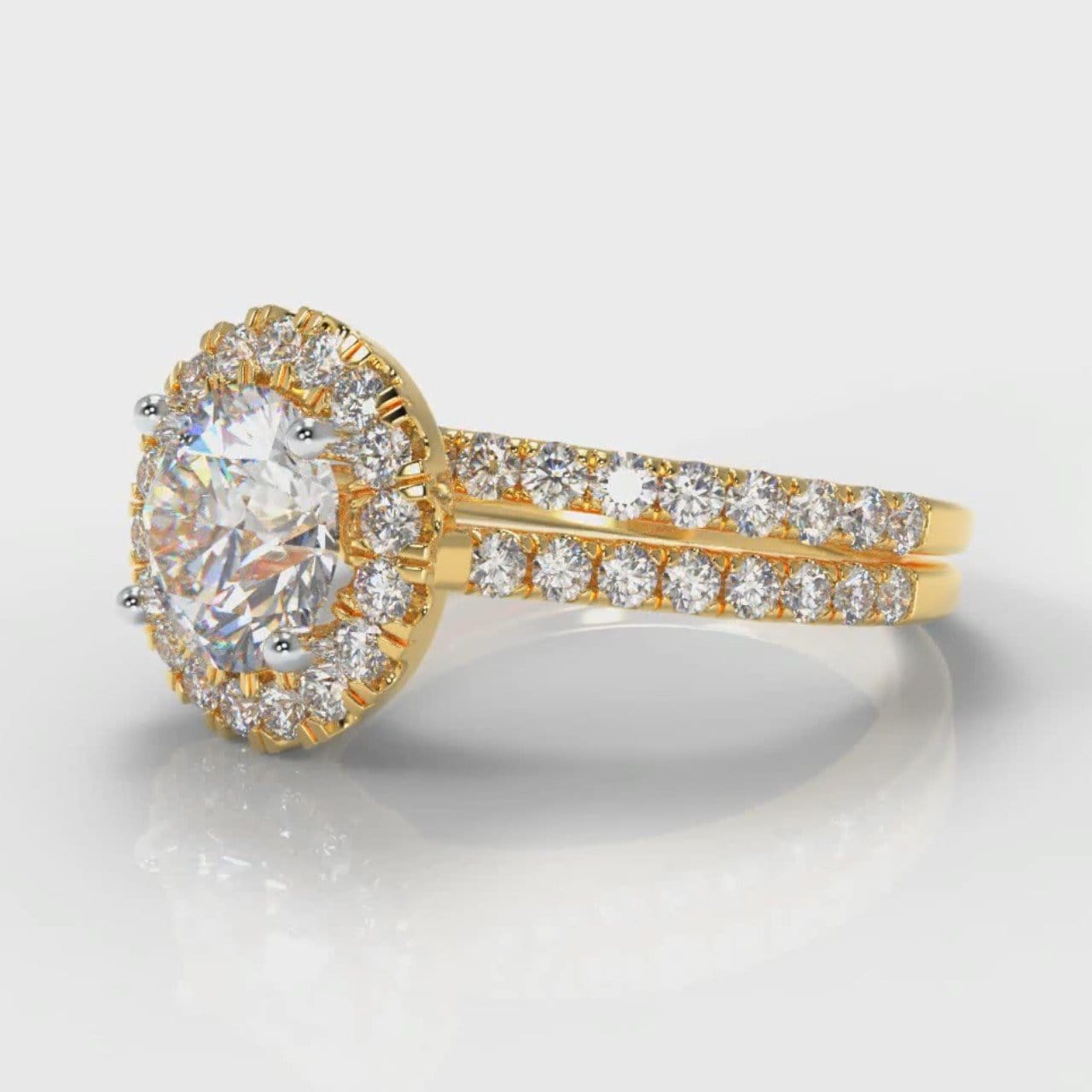 Petite Micropavé Round Brilliant Cut Diamond Halo Bridal Set - Yellow Gold