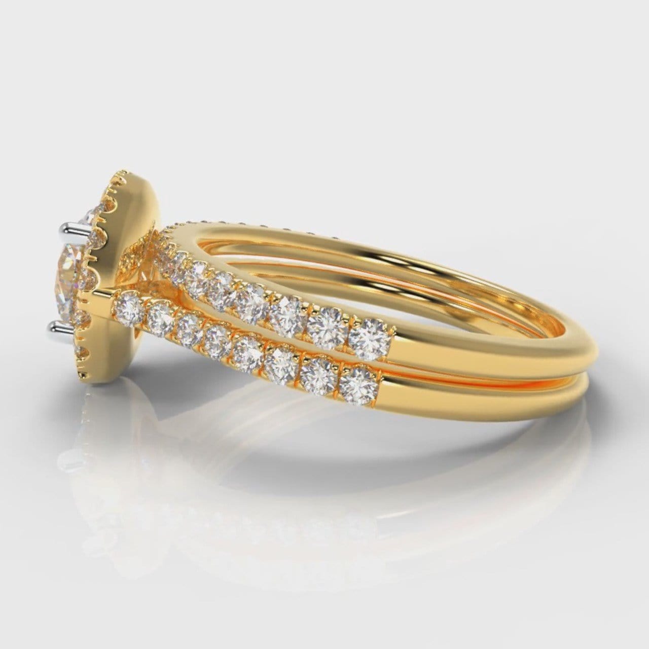 Petite Micropavé Round Brilliant Cut Diamond Halo Bridal Set - Yellow Gold