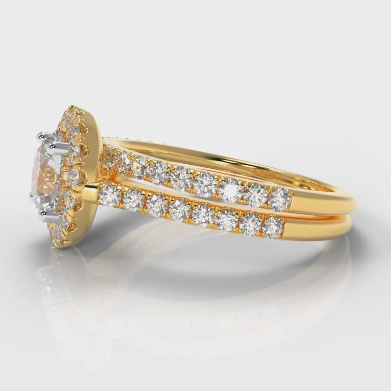 Petite Micropavé Round Brilliant Cut Diamond Halo Bridal Set - Yellow Gold