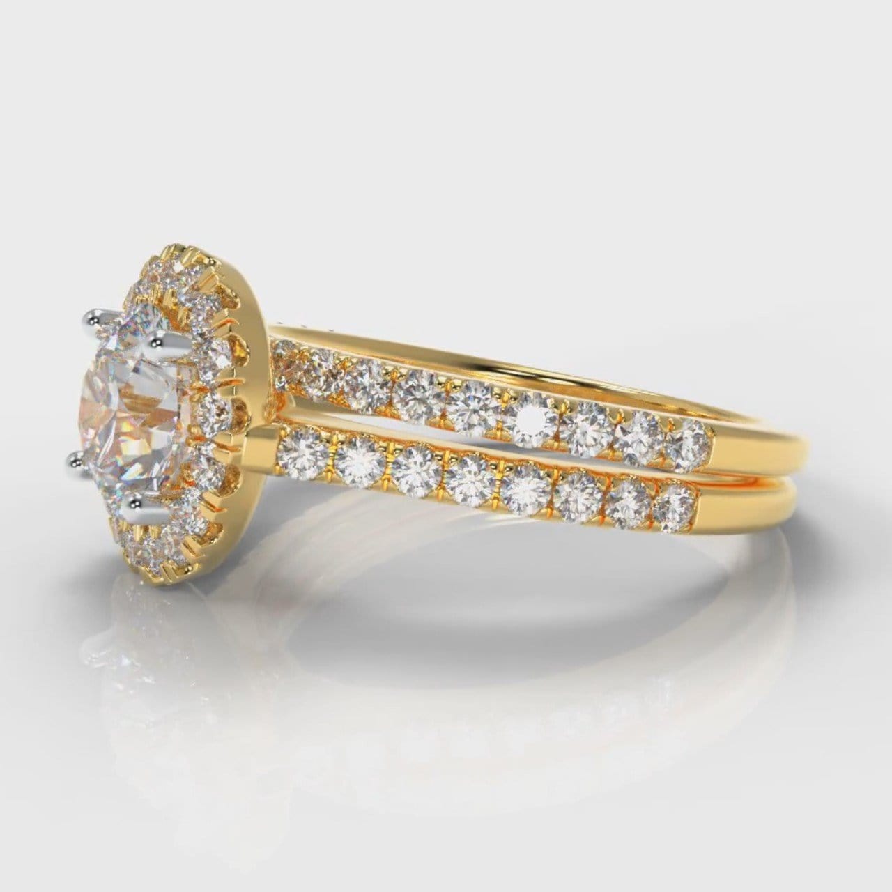 Petite Micropavé Round Brilliant Cut Diamond Halo Bridal Set - Yellow Gold