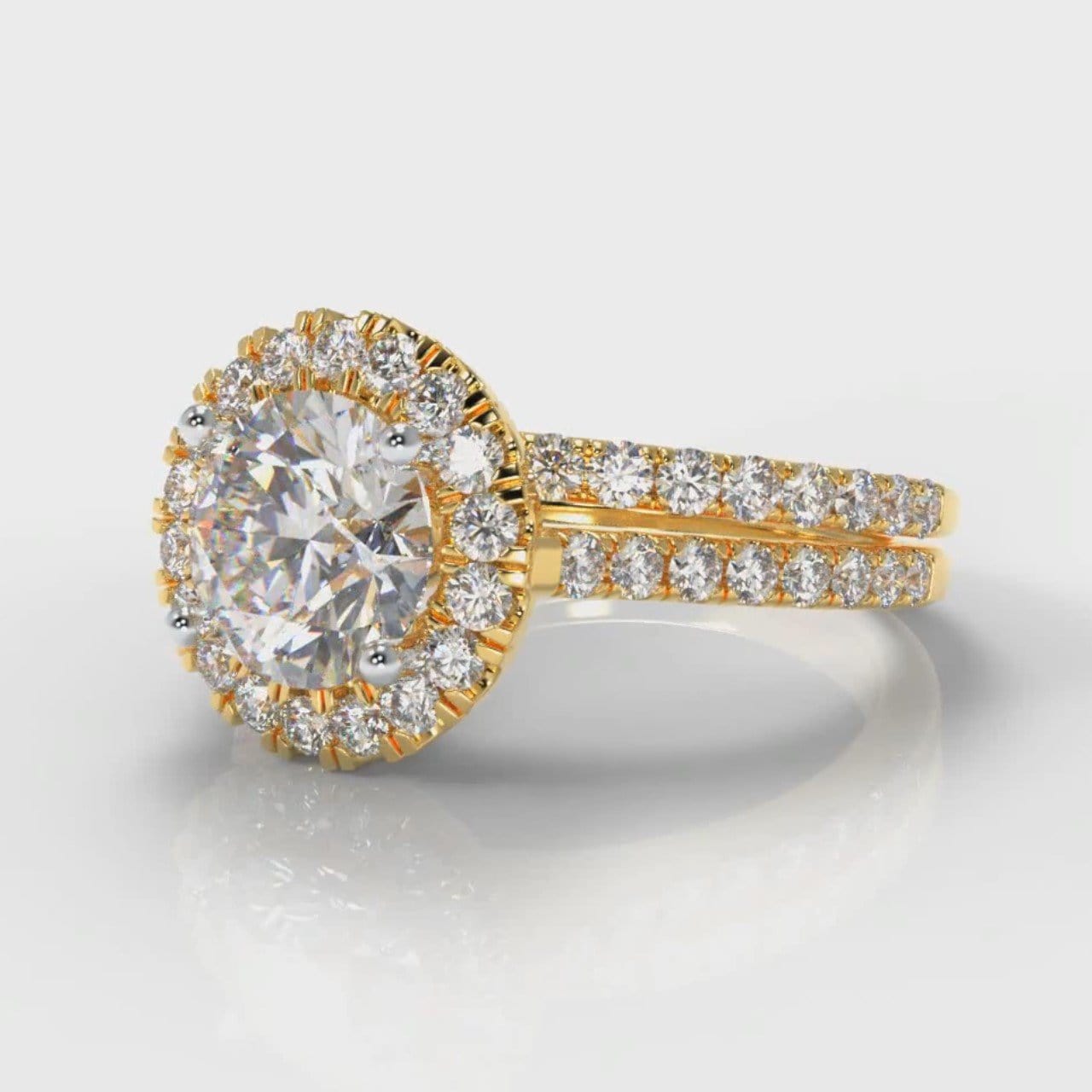 Petite Micropavé Round Brilliant Cut Diamond Halo Bridal Set - Yellow Gold