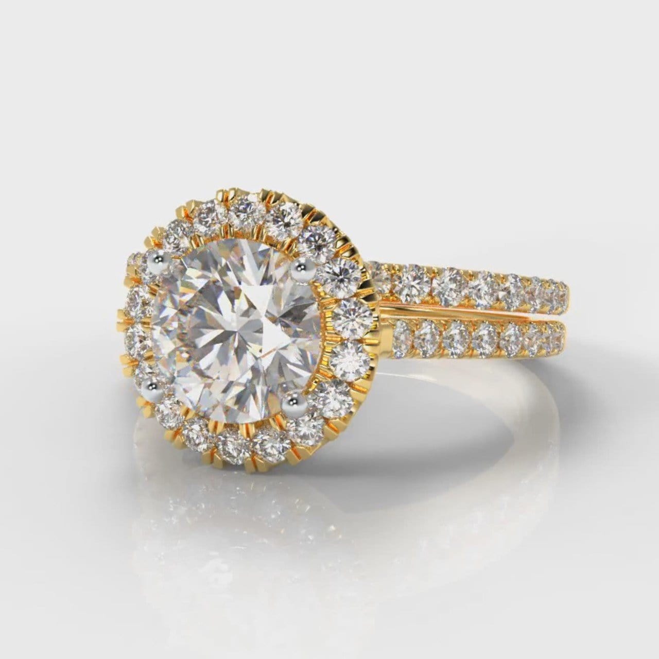 Petite Micropavé Round Brilliant Cut Diamond Halo Bridal Set - Yellow Gold