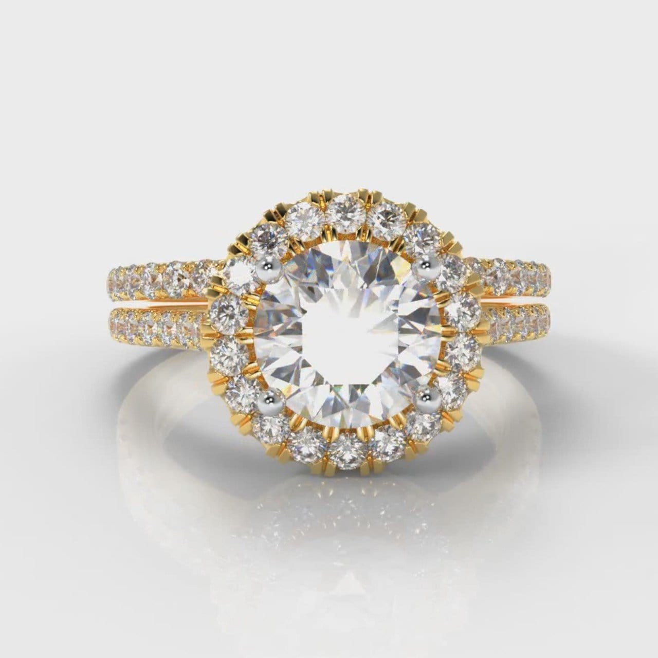 Petite Micropavé Round Brilliant Cut Diamond Halo Bridal Set - Yellow Gold