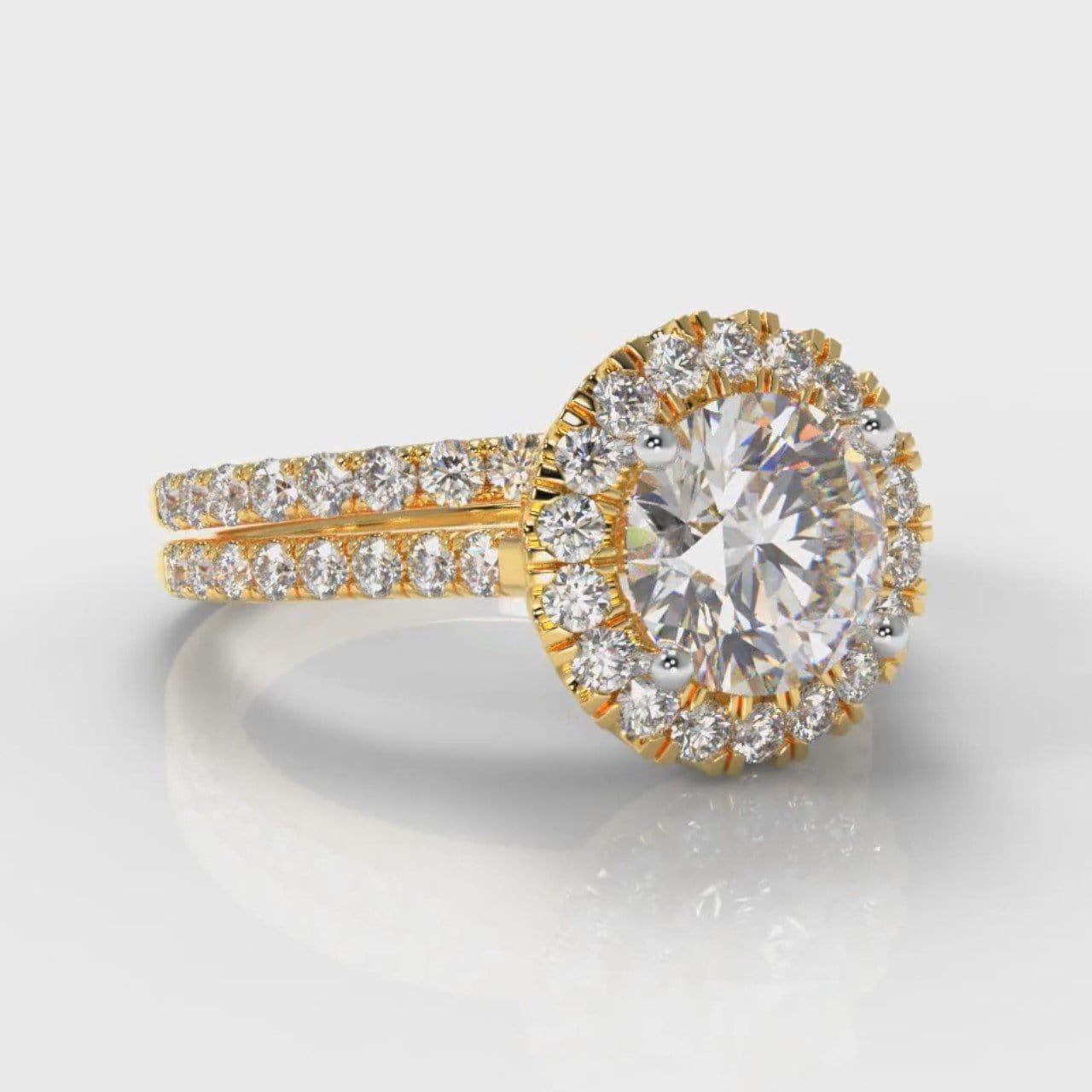 Petite Micropavé Round Brilliant Cut Diamond Halo Bridal Set - Yellow Gold