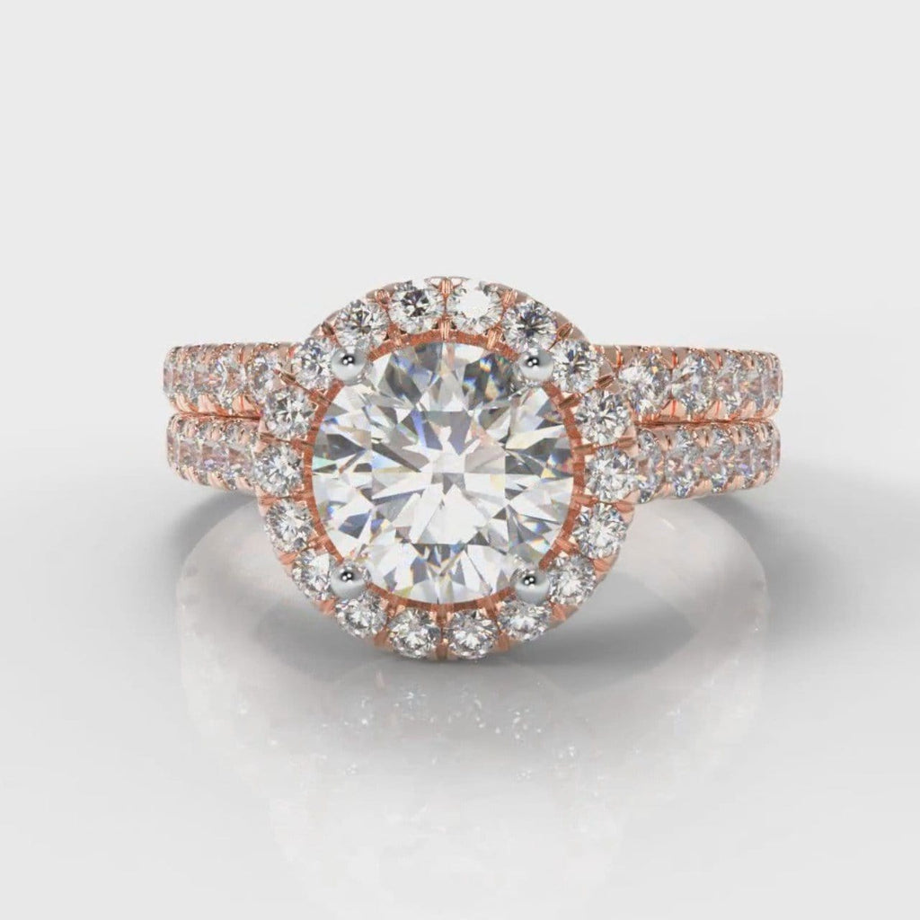 Micropavé Round Brilliant Cut Diamond Halo Bridal Set - Rose Gold