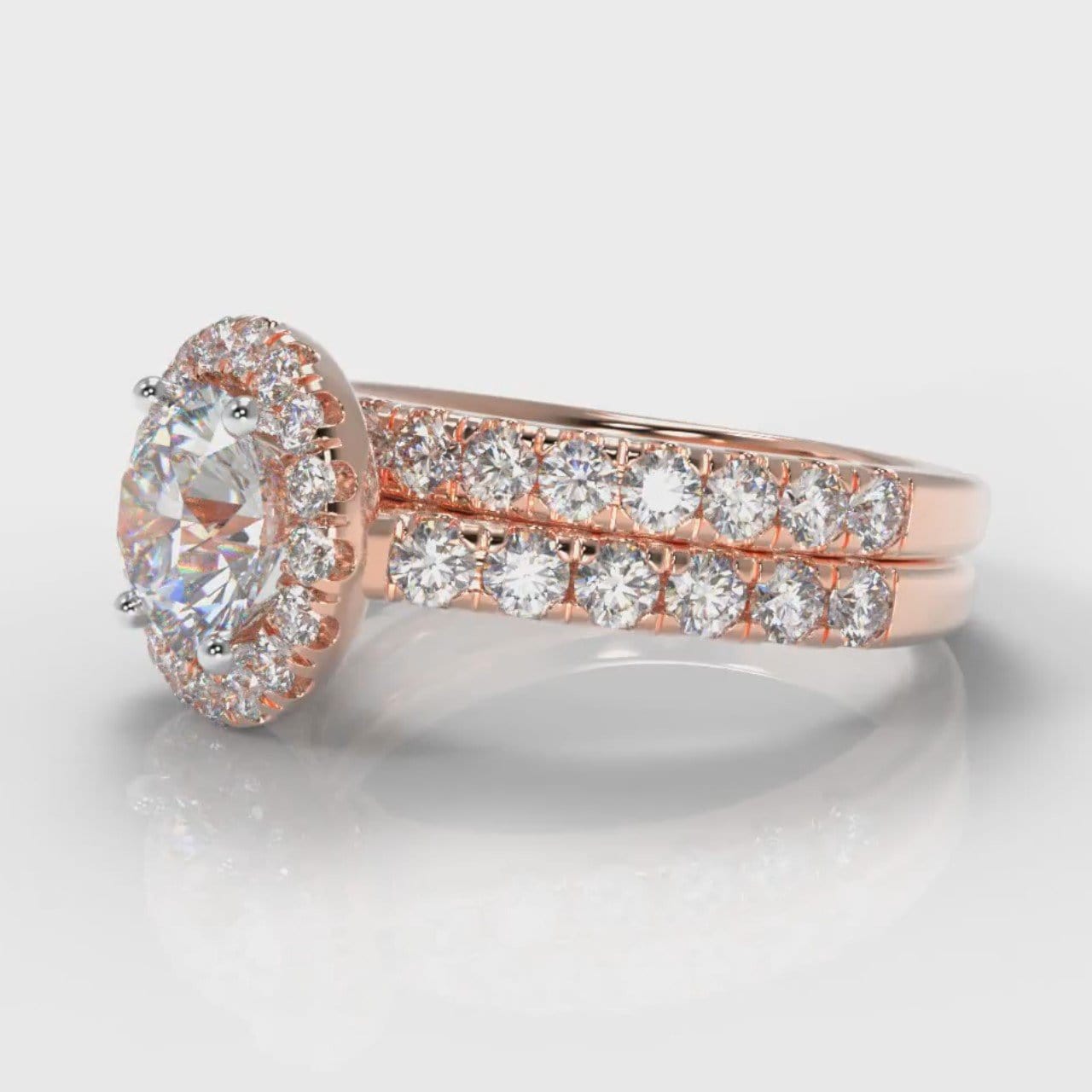 Micropavé Round Brilliant Cut Diamond Halo Bridal Set - Rose Gold