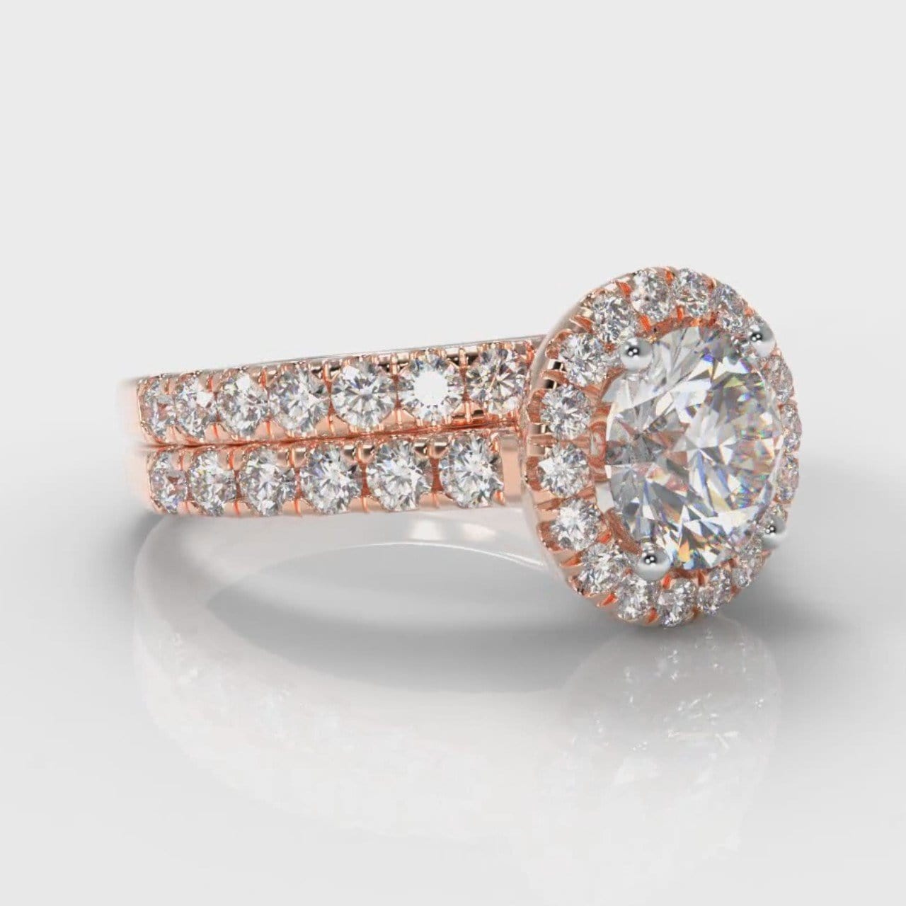 Micropavé Round Brilliant Cut Diamond Halo Bridal Set - Rose Gold