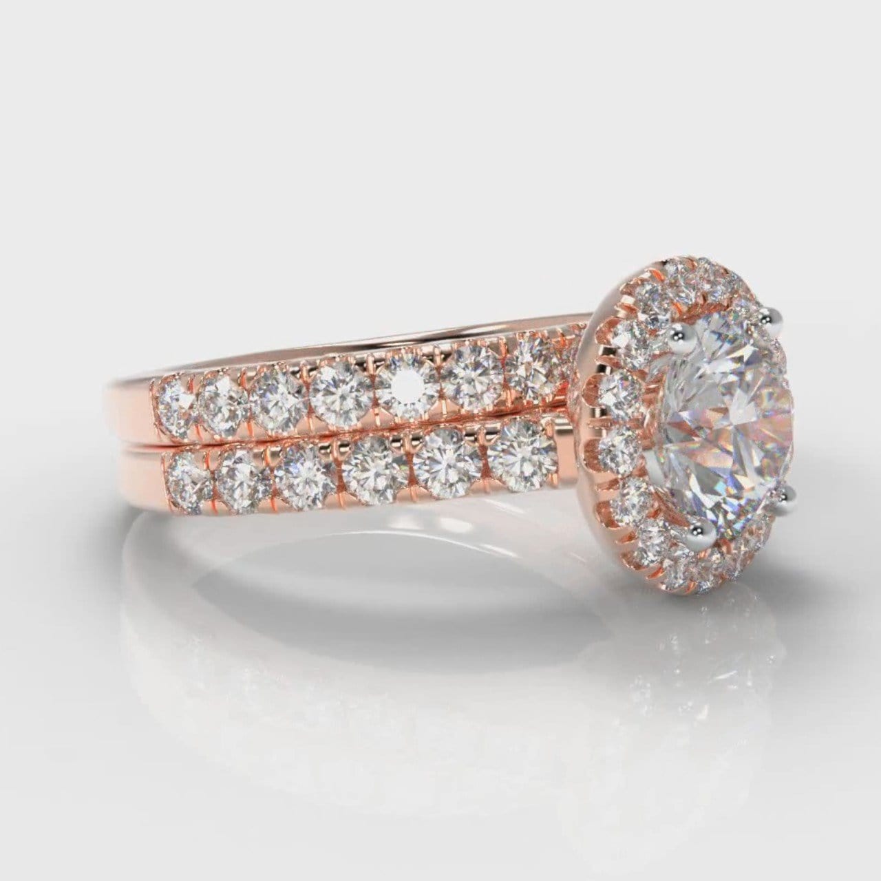 Micropavé Round Brilliant Cut Diamond Halo Bridal Set - Rose Gold