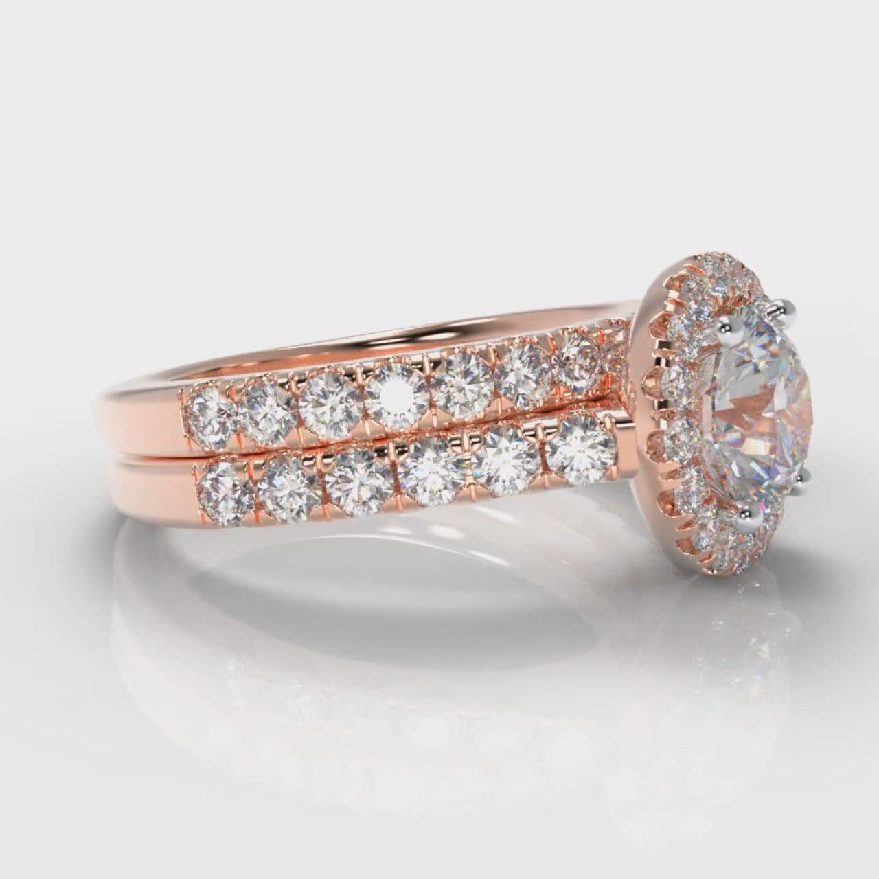 Micropavé Round Brilliant Cut Diamond Halo Bridal Set - Rose Gold