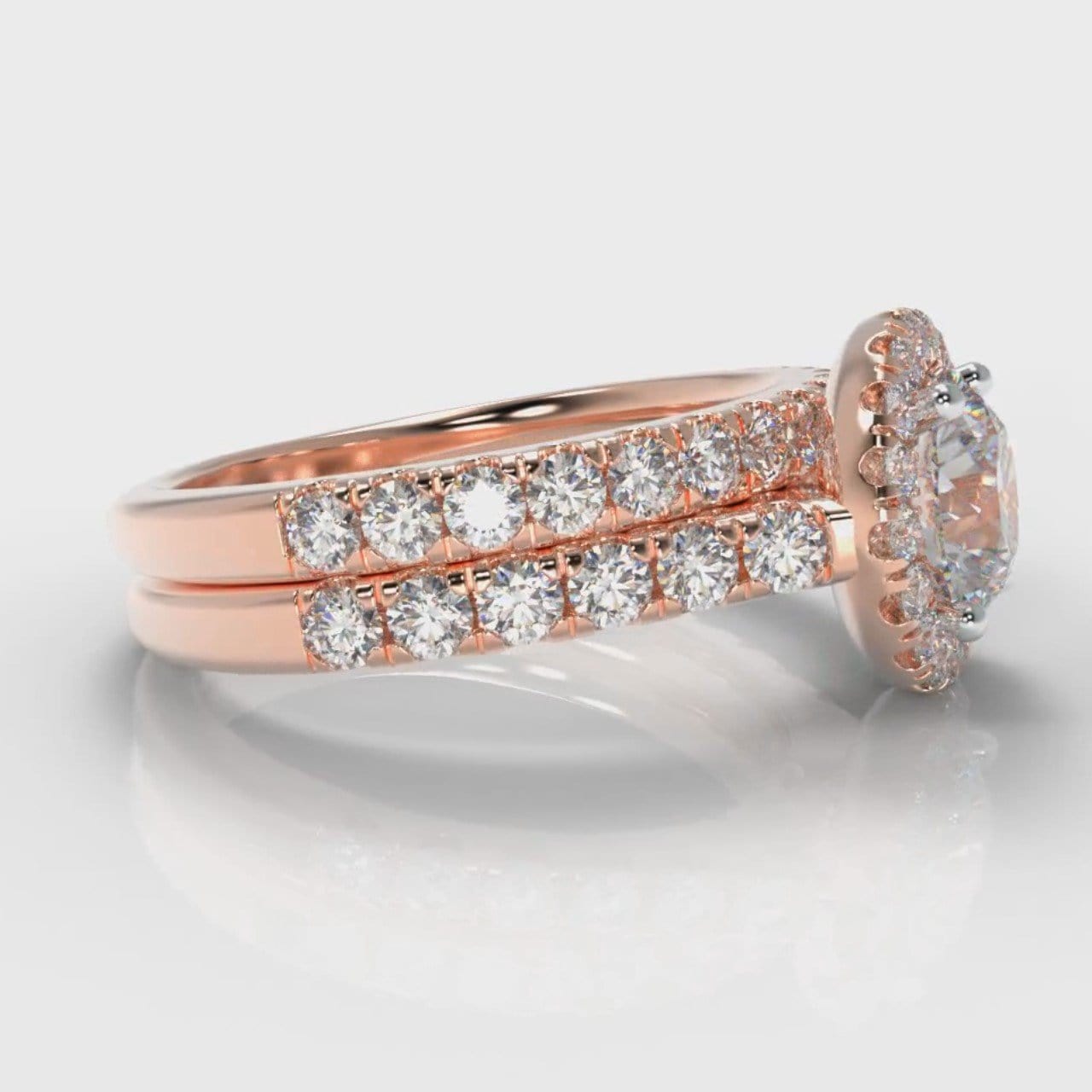 Micropavé Round Brilliant Cut Diamond Halo Bridal Set - Rose Gold