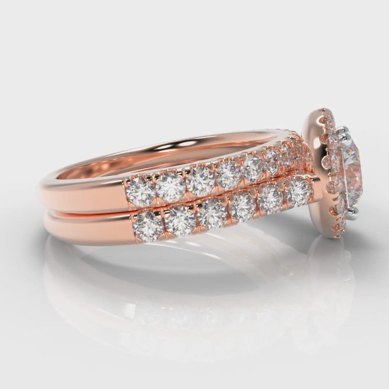 Micropavé Round Brilliant Cut Diamond Halo Bridal Set - Rose Gold