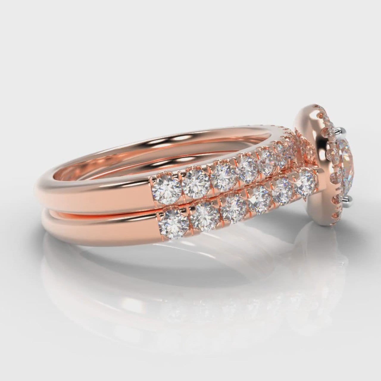 Micropavé Round Brilliant Cut Diamond Halo Bridal Set - Rose Gold