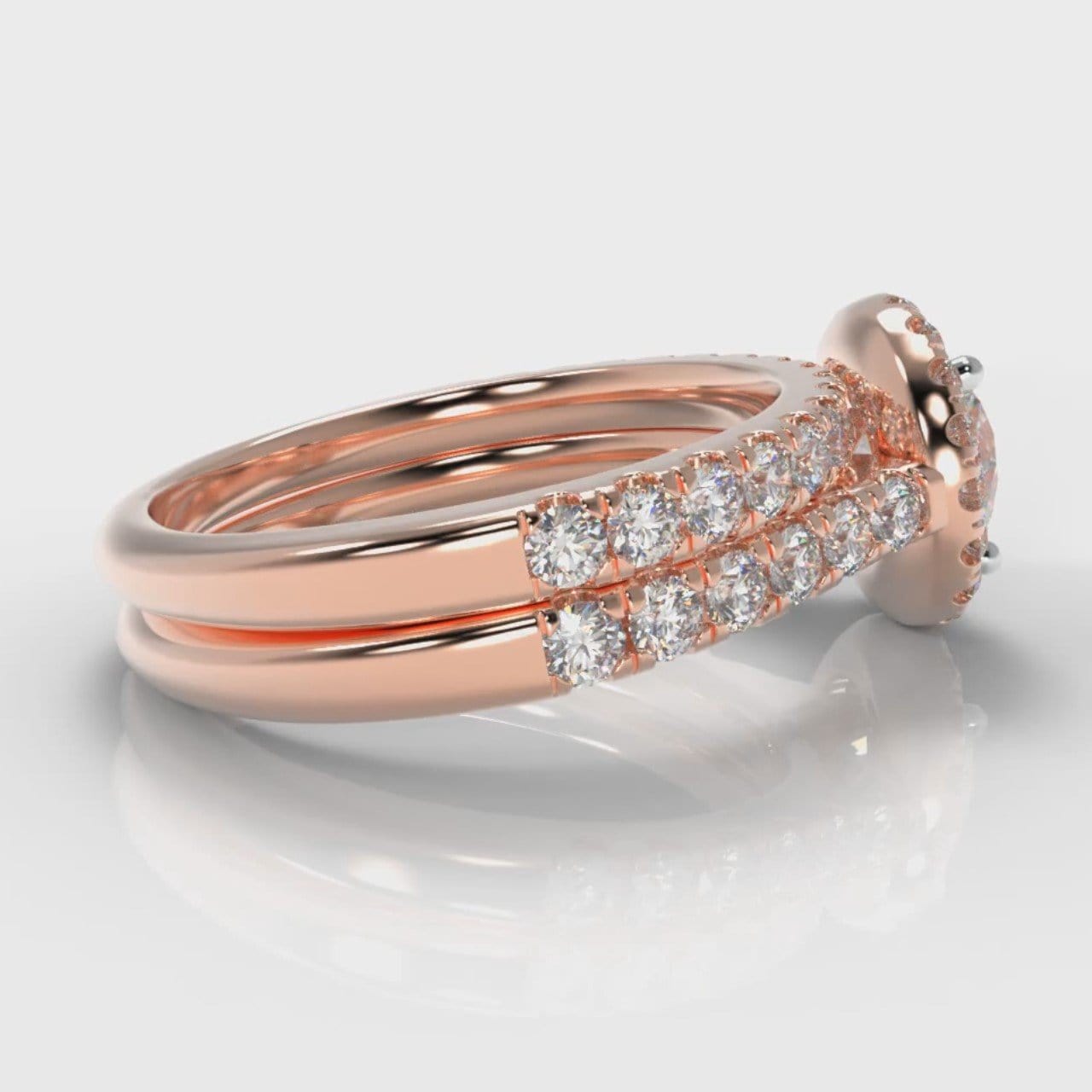 Micropavé Round Brilliant Cut Diamond Halo Bridal Set - Rose Gold