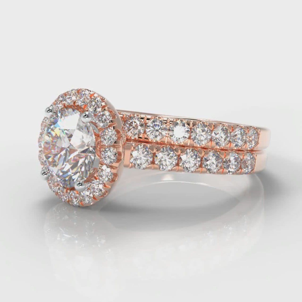 Micropavé Round Brilliant Cut Diamond Halo Bridal Set - Rose Gold