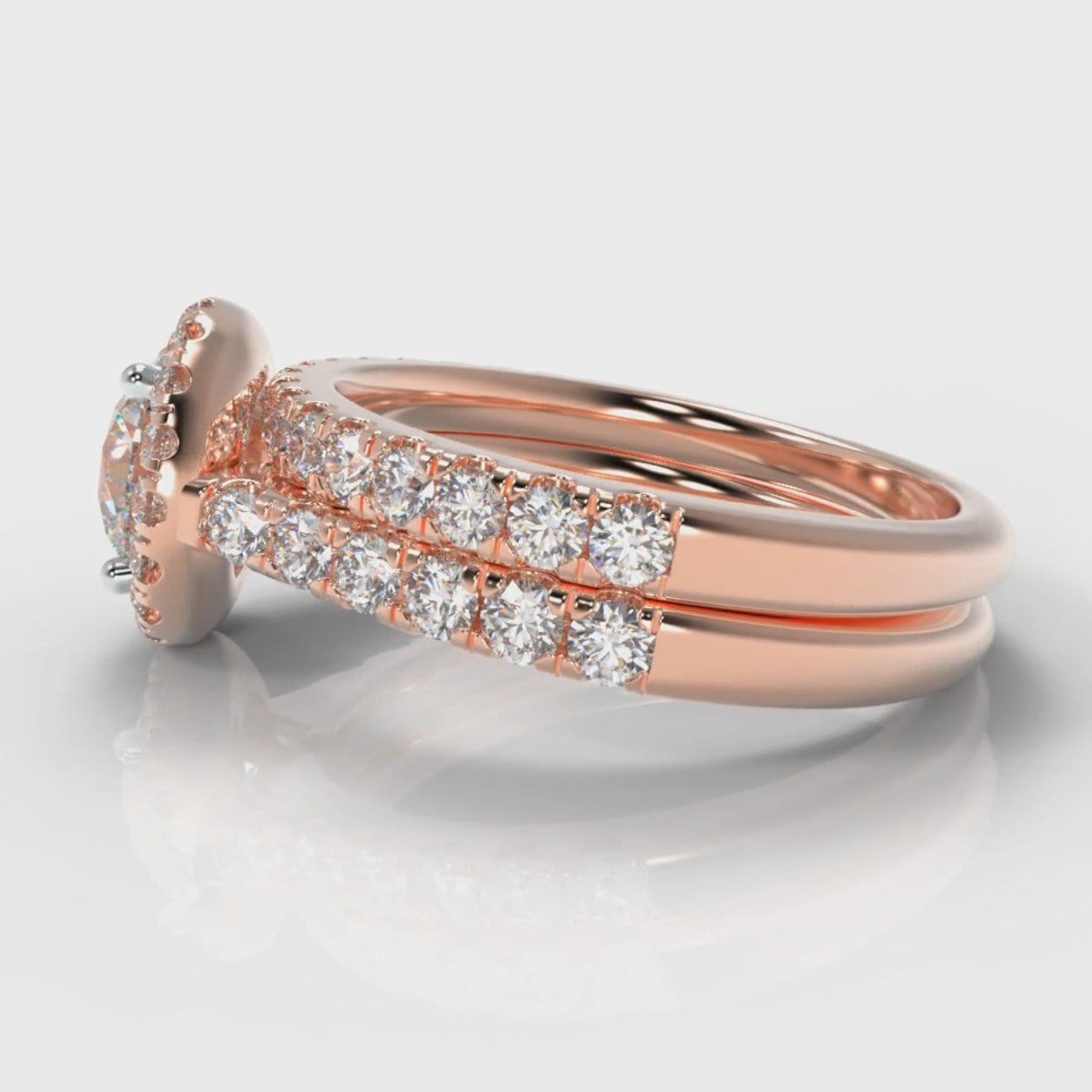 Micropavé Round Brilliant Cut Diamond Halo Bridal Set - Rose Gold