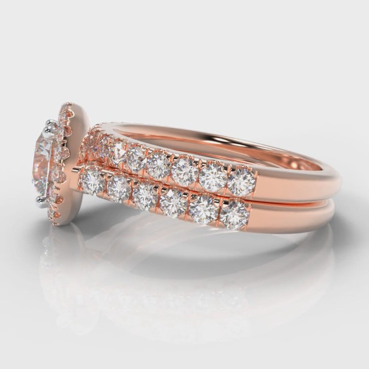 Micropavé Round Brilliant Cut Diamond Halo Bridal Set - Rose Gold