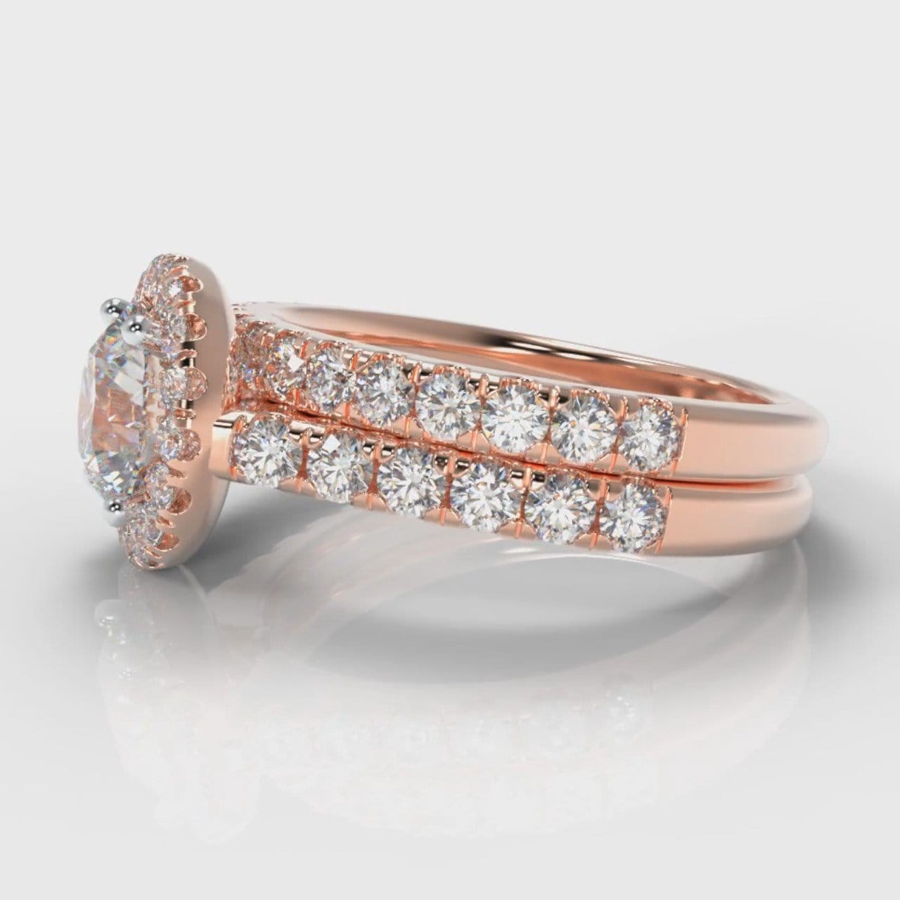 Micropavé Round Brilliant Cut Diamond Halo Bridal Set - Rose Gold
