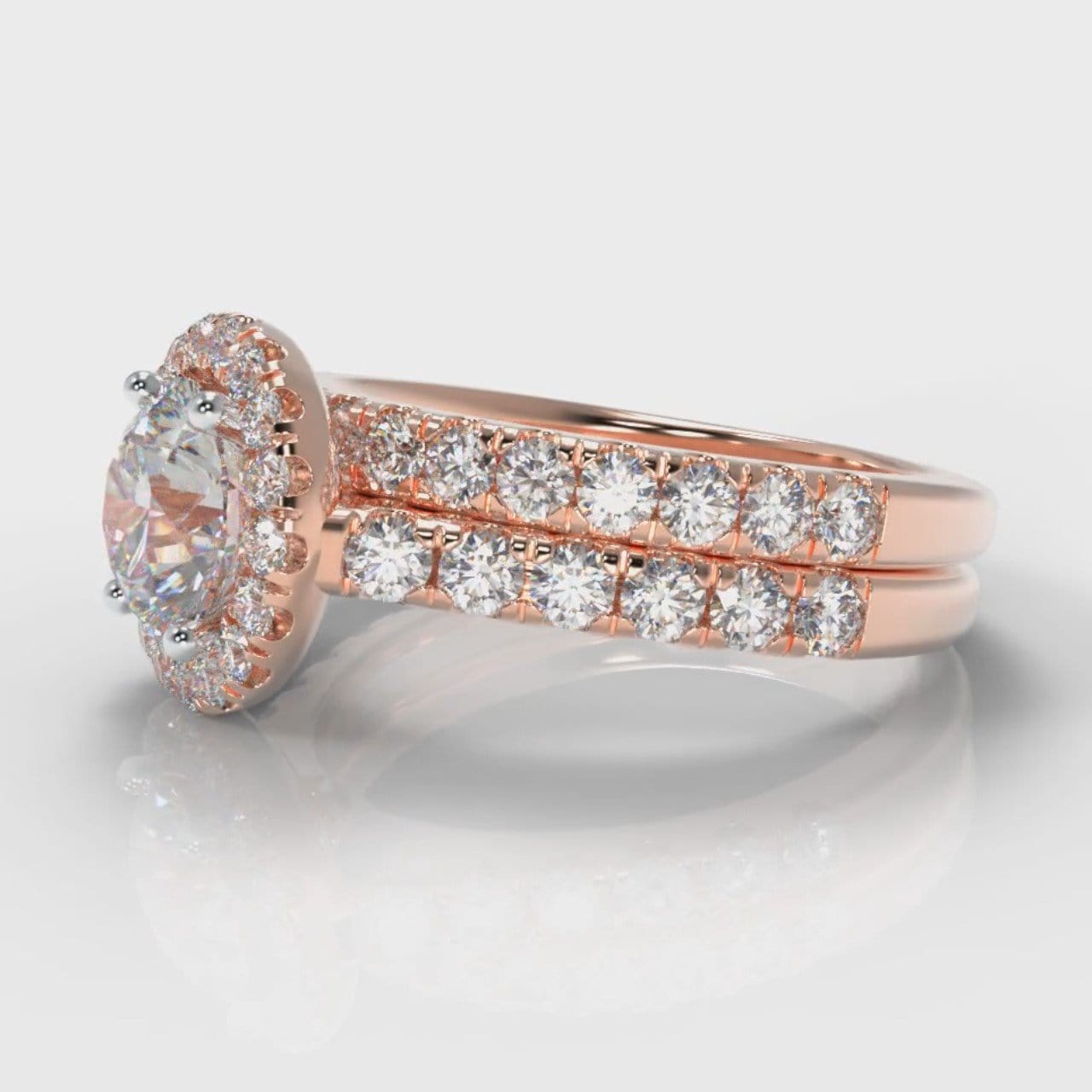 Micropavé Round Brilliant Cut Diamond Halo Bridal Set - Rose Gold