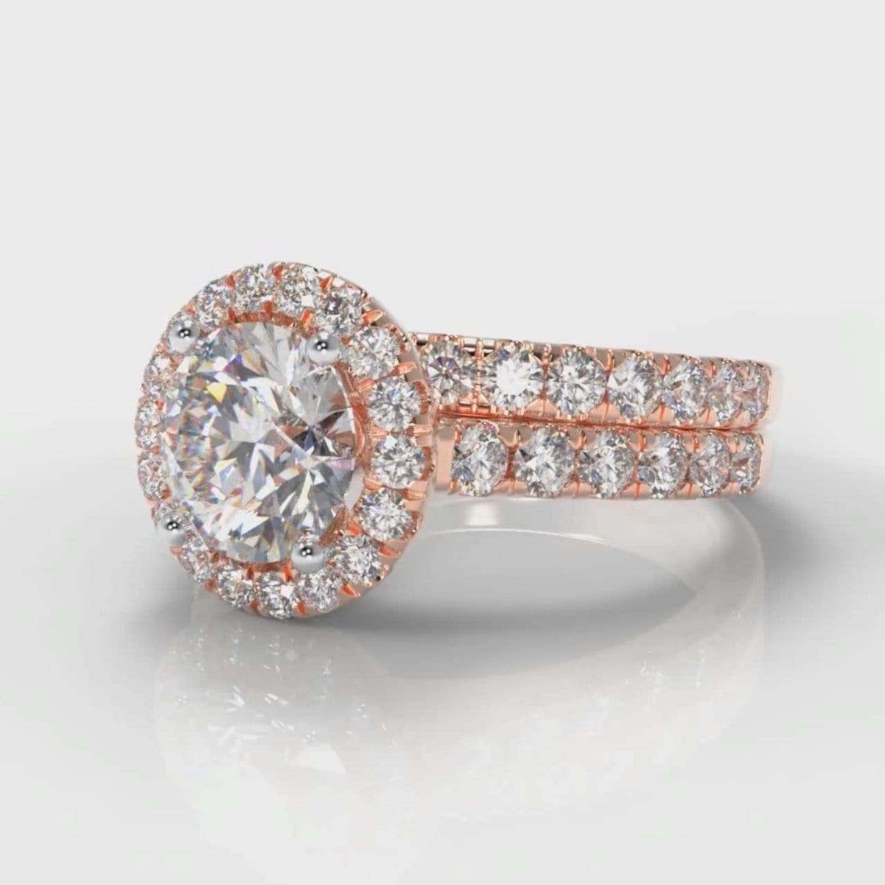 Micropavé Round Brilliant Cut Diamond Halo Bridal Set - Rose Gold