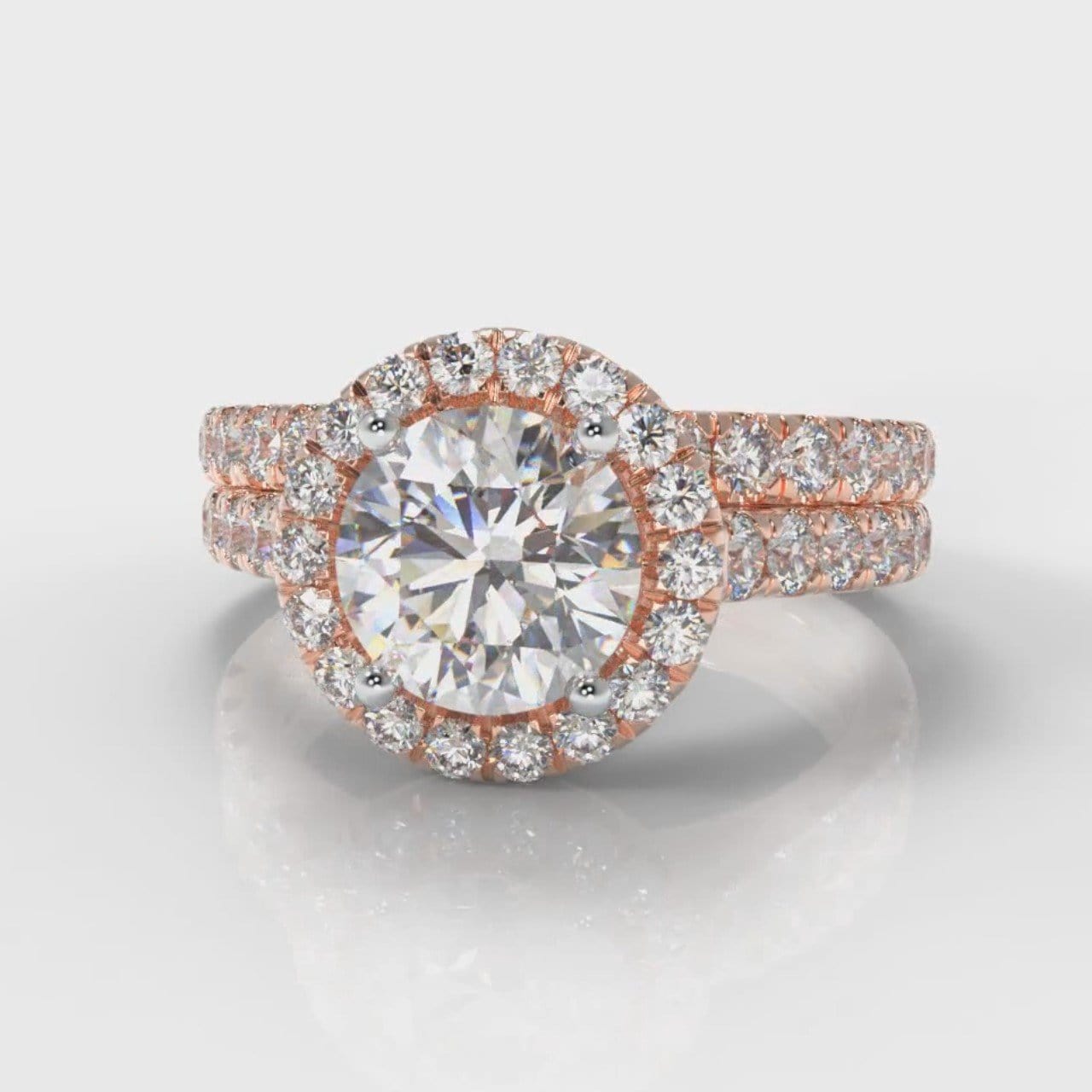 Micropavé Round Brilliant Cut Diamond Halo Bridal Set - Rose Gold