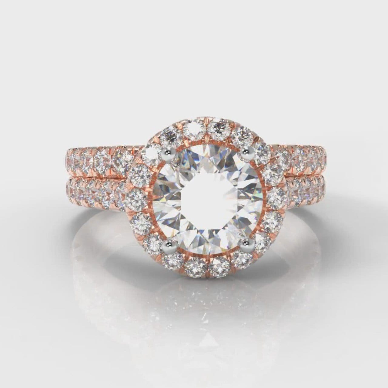 Micropavé Round Brilliant Cut Diamond Halo Bridal Set - Rose Gold