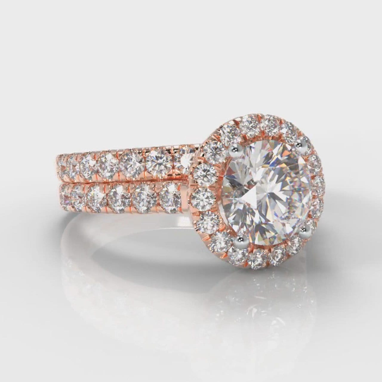 Micropavé Round Brilliant Cut Diamond Halo Bridal Set - Rose Gold