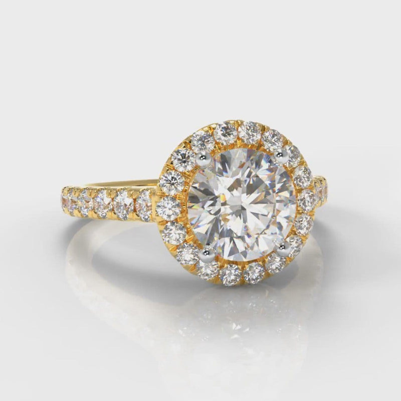 Micropavé Round Brilliant Cut Diamond Halo Engagement Ring - Yellow Gold