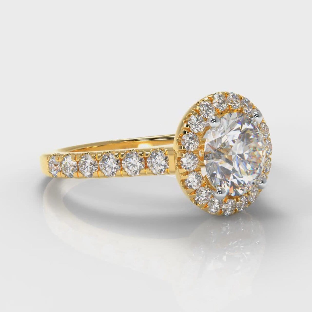 Micropavé Round Brilliant Cut Diamond Halo Engagement Ring - Yellow Gold