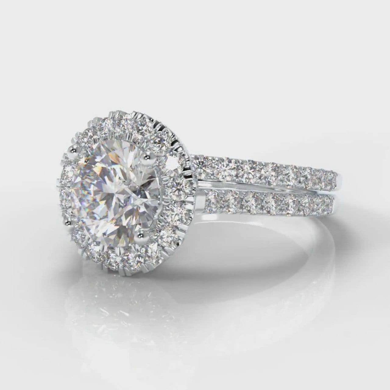 Petite Micropavé Round Brilliant Cut Diamond Halo Bridal Set