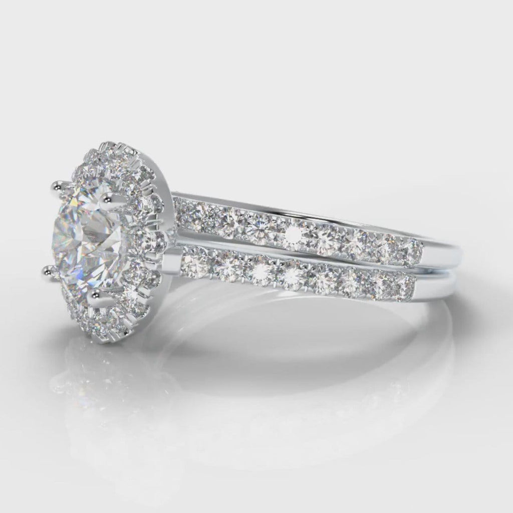 Petite Micropavé Round Brilliant Cut Diamond Halo Bridal Set