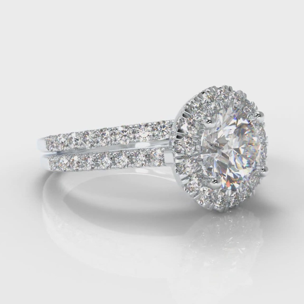 Petite Micropavé Round Brilliant Cut Diamond Halo Bridal Set