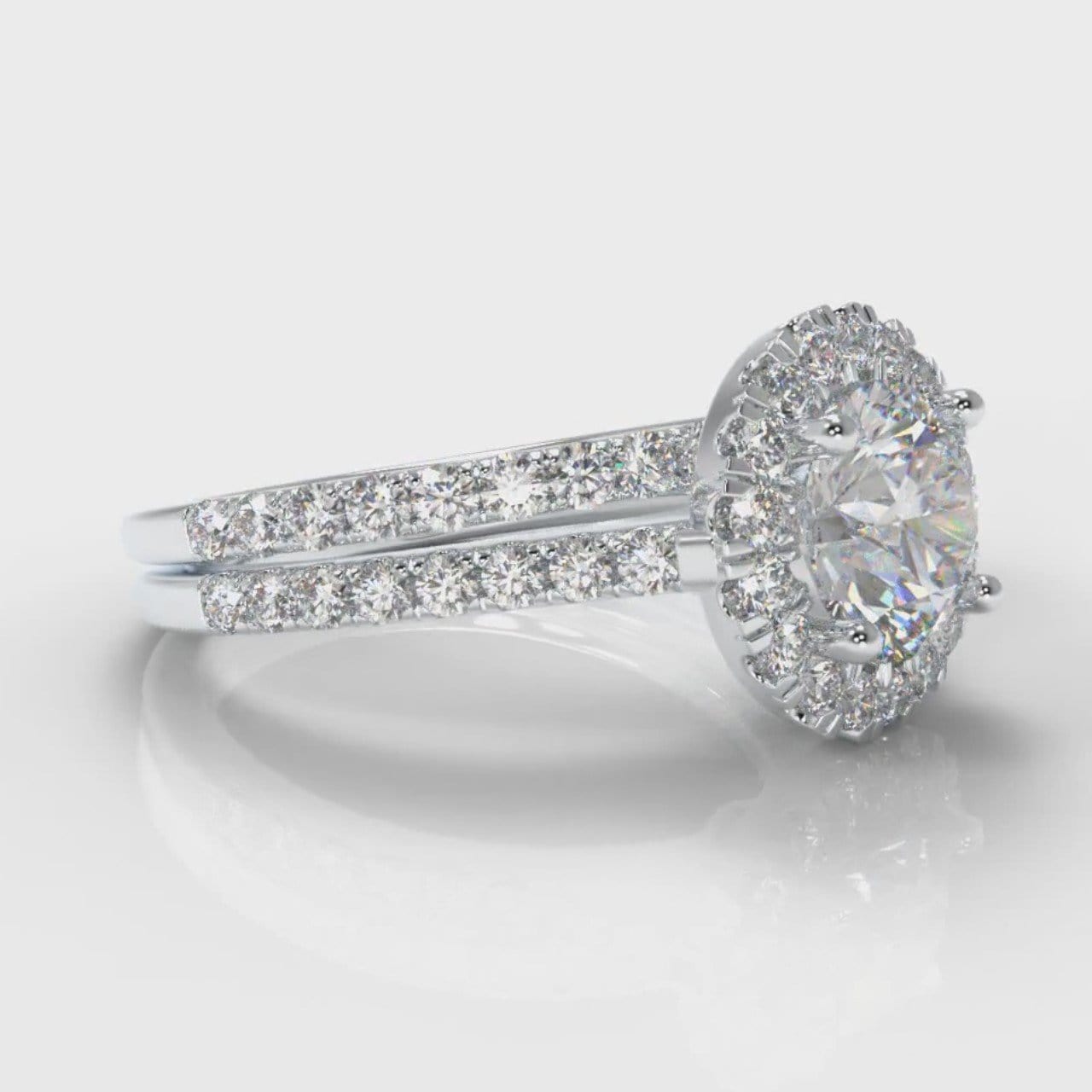 Petite Micropavé Round Brilliant Cut Diamond Halo Bridal Set