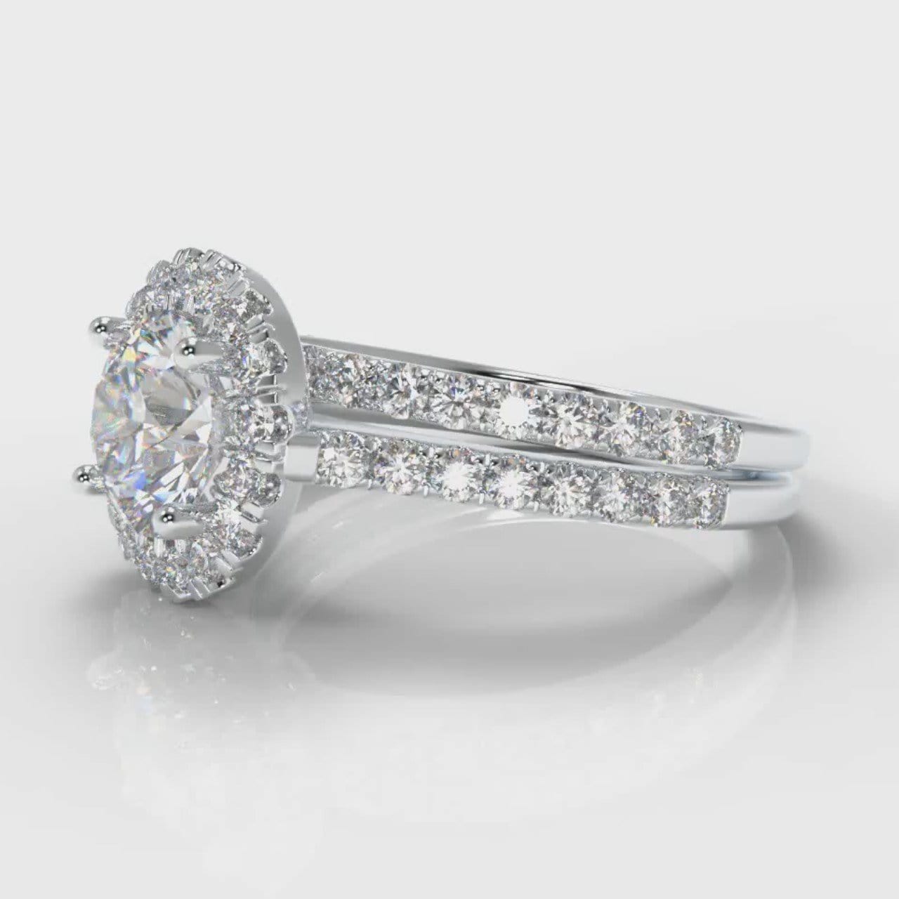 Petite Micropavé Round Brilliant Cut Diamond Halo Bridal Set