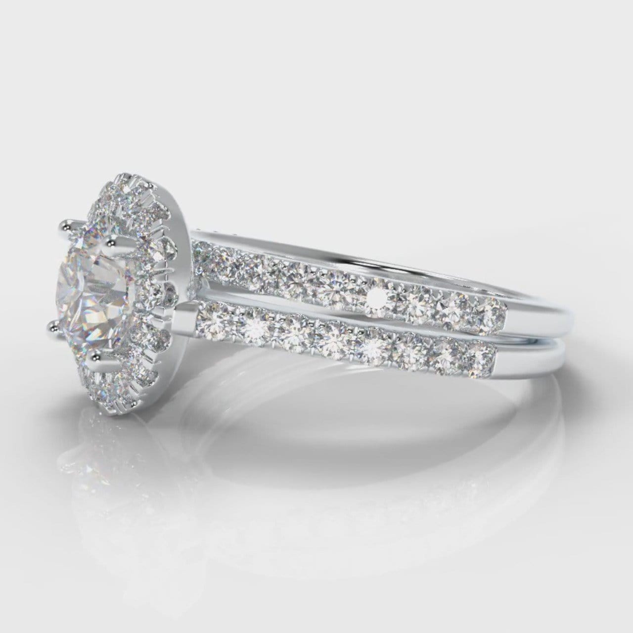 Petite Micropavé Round Brilliant Cut Diamond Halo Bridal Set