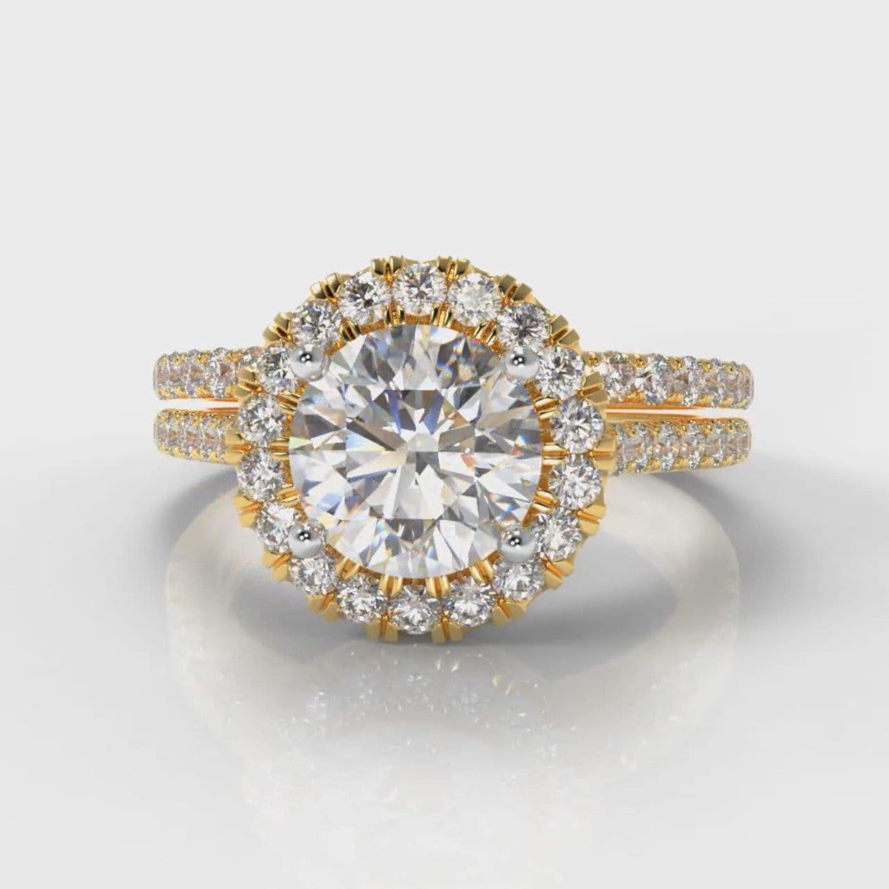 Petite Micropavé Round Brilliant Cut Diamond Halo Bridal Set - Yellow Gold